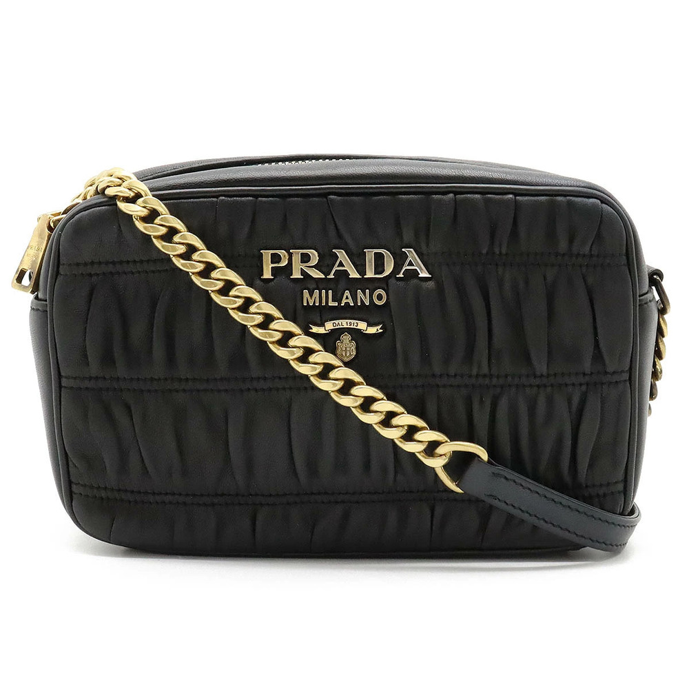 Prada Nappa Gaufre Gathered Shoulder Bag Pochette Leather NERO Black
